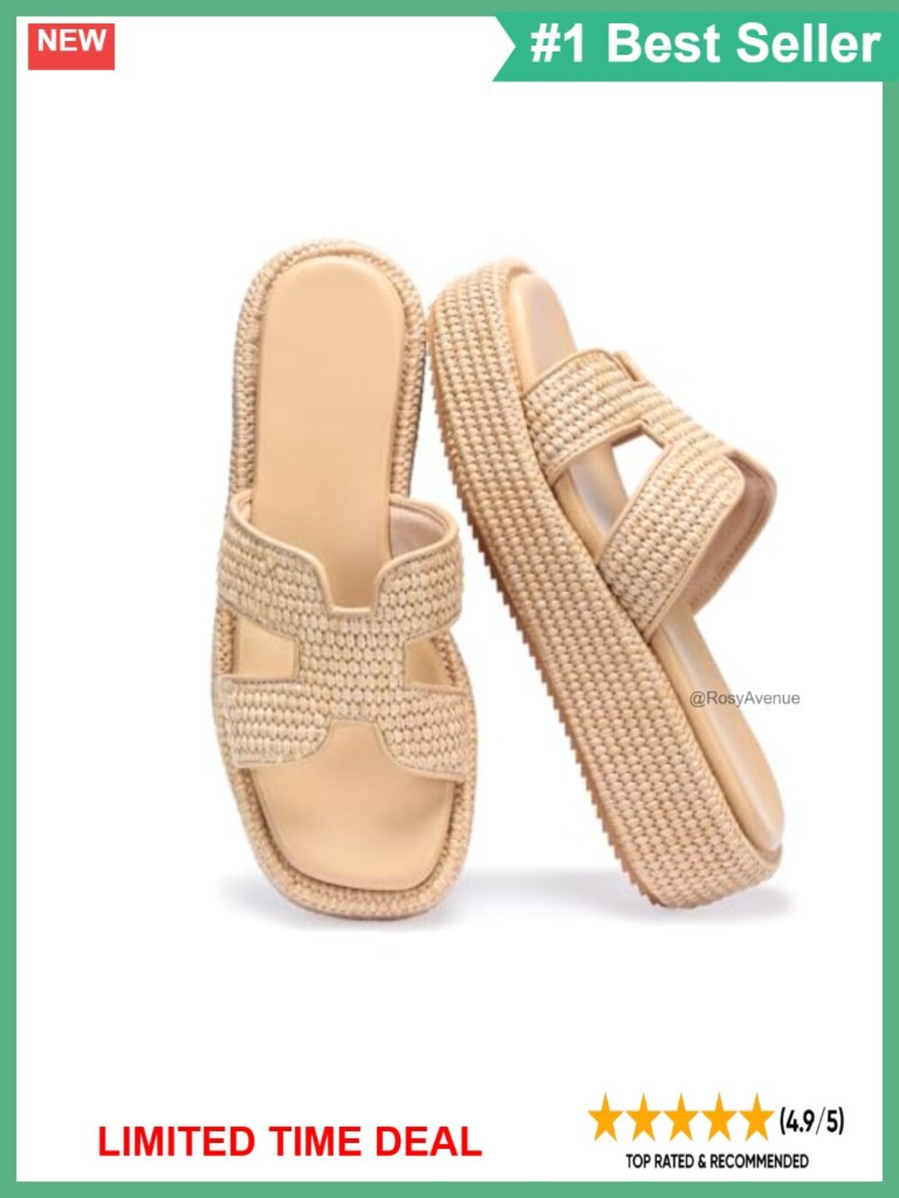 Raffia Platform Sandals for Women Slip-On Espadrille Wedge Slide Summer Beach